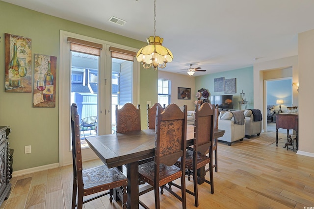 dining area with ceiling fan and light hardwood / wood-style floors