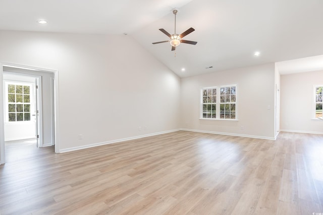 unfurnished room featuring light wood-type flooring, recessed lighting, baseboards, lofted ceiling, and ceiling fan