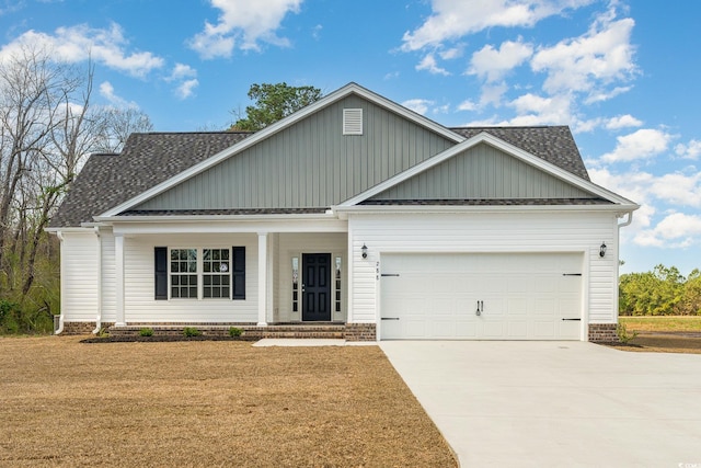 ranch-style house with driveway, covered porch, a front yard, a shingled roof, and a garage