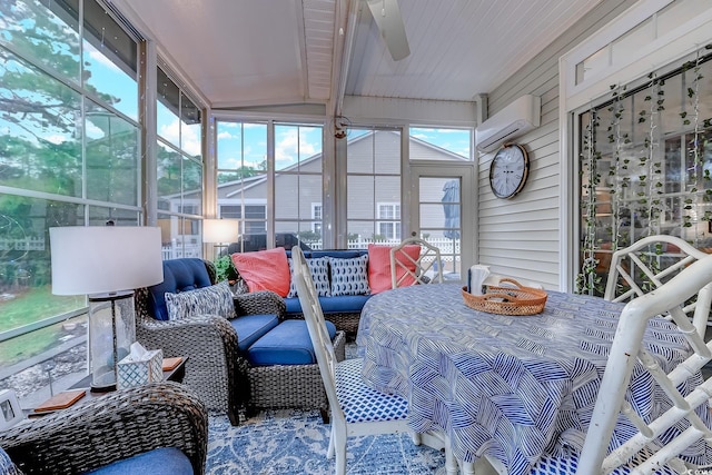 sunroom featuring beamed ceiling, a wall mounted AC, and ceiling fan