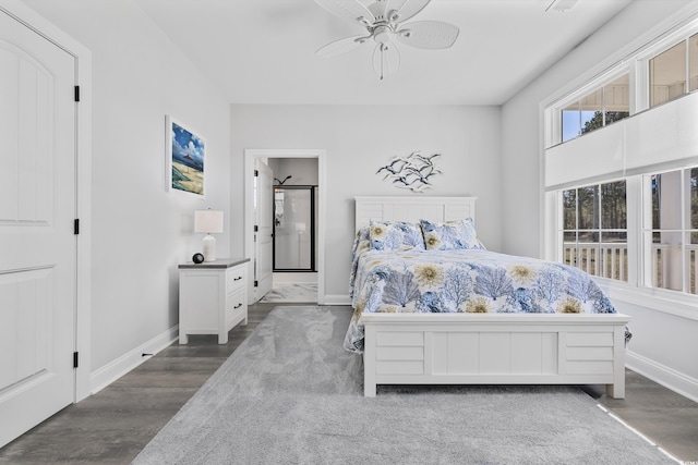 bedroom featuring ceiling fan and dark hardwood / wood-style flooring