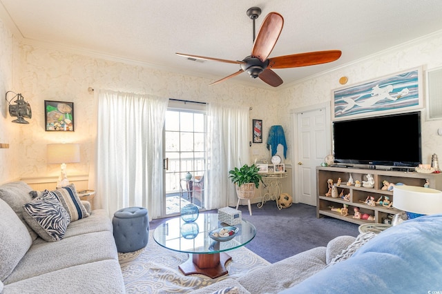 carpeted living area with ceiling fan, visible vents, and ornamental molding