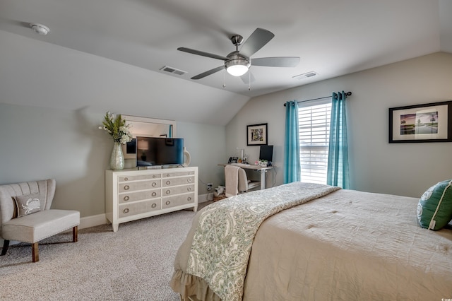 bedroom featuring vaulted ceiling, carpet floors, and ceiling fan