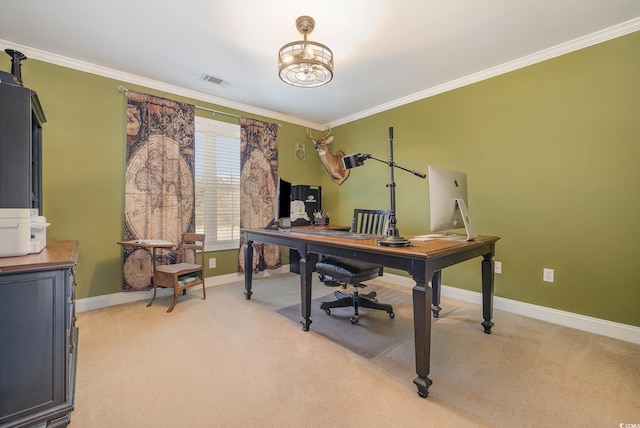 carpeted office featuring crown molding