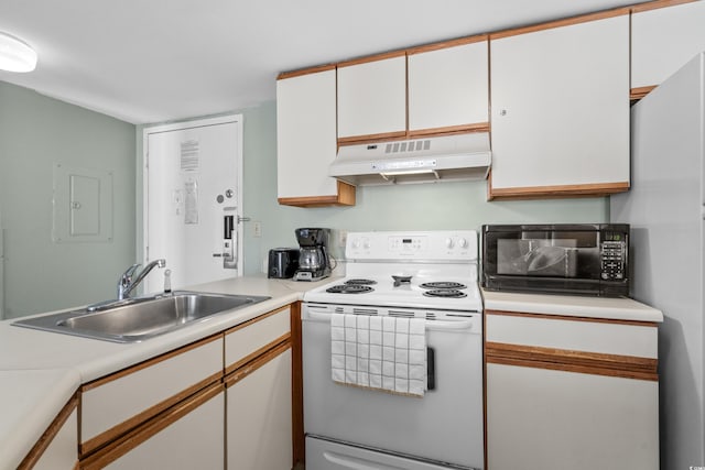 kitchen with white cabinetry, sink, and white range with electric cooktop