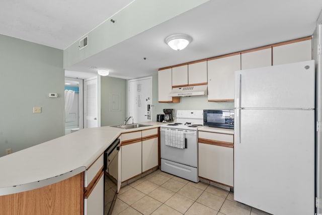 kitchen featuring sink, light tile patterned floors, white cabinetry, black appliances, and kitchen peninsula