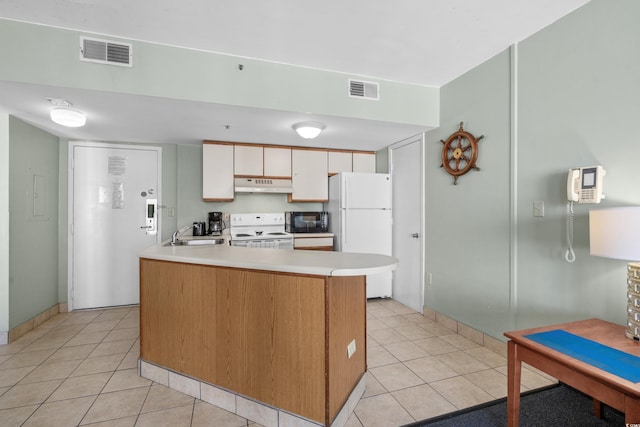 kitchen featuring sink, light tile patterned floors, kitchen peninsula, white appliances, and white cabinets