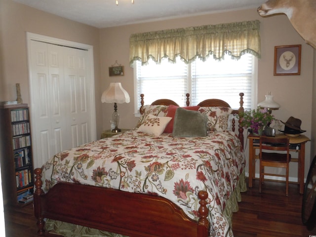 bedroom with dark hardwood / wood-style flooring and a closet