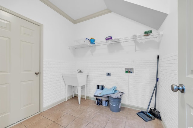 502 Hay Hill Ln Unit B, Myrtle Beach, SC 29579 - clothes washing area featuring ornamental molding, electric dryer hookup, washer hookup, and light tile patterned floors