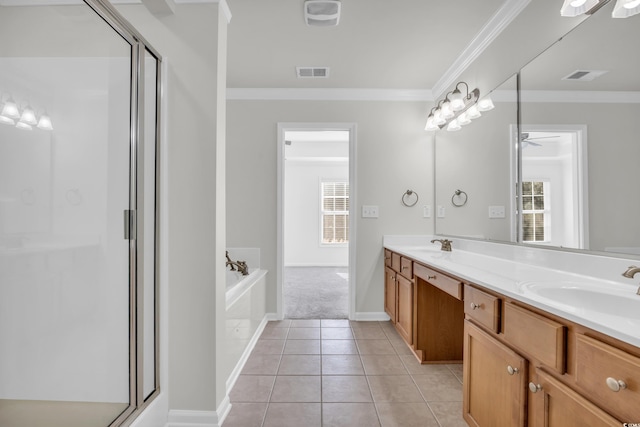 502 Hay Hill Ln Unit B, Myrtle Beach, SC 29579 - bathroom with independent shower and bath, ornamental molding, vanity, ceiling fan, and tile patterned floors