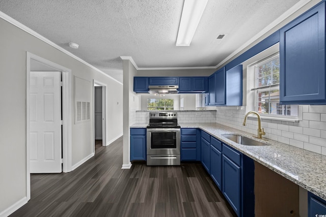 kitchen with sink, dark wood-type flooring, electric range, light stone counters, and blue cabinets