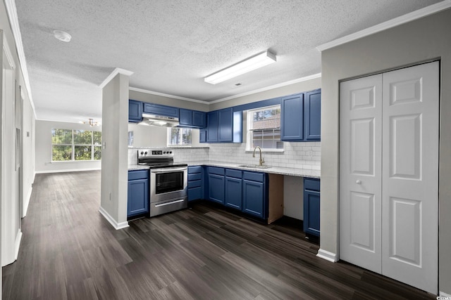 kitchen featuring sink, crown molding, dark wood-type flooring, blue cabinetry, and stainless steel electric stove