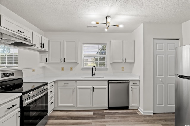 kitchen featuring sink, appliances with stainless steel finishes, light hardwood / wood-style floors, white cabinets, and exhaust hood