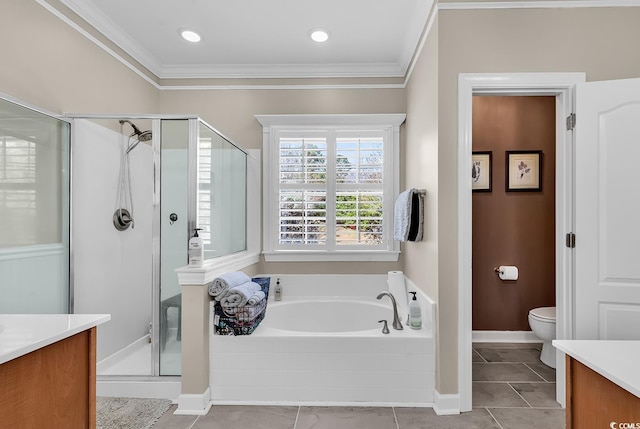 full bathroom with vanity, ornamental molding, and independent shower and bath