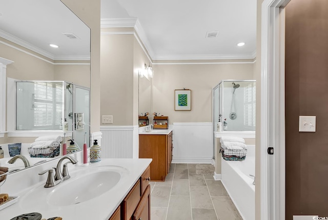 bathroom with crown molding, tile patterned floors, vanity, and plus walk in shower