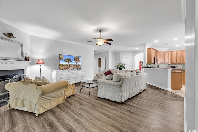 living room featuring ornamental molding, light hardwood / wood-style floors, and ceiling fan