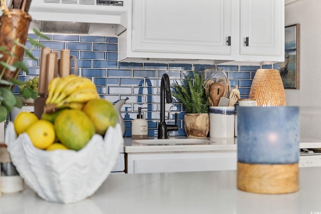 details featuring white cabinetry, sink, and decorative backsplash