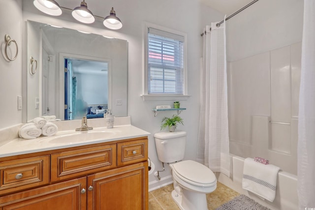 full bathroom with shower / tub combo with curtain, vanity, toilet, and tile patterned flooring