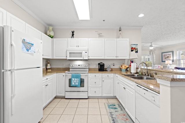 kitchen featuring white cabinetry, sink, white appliances, and kitchen peninsula