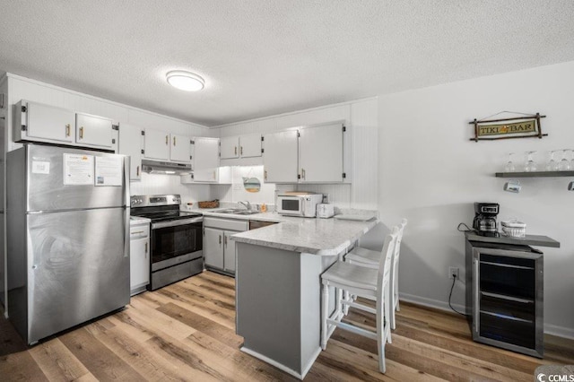 kitchen with under cabinet range hood, a peninsula, a sink, light wood-style floors, and appliances with stainless steel finishes