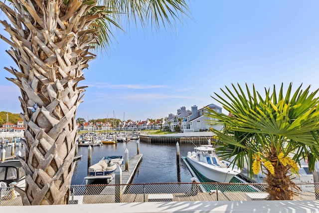 view of dock with a water view