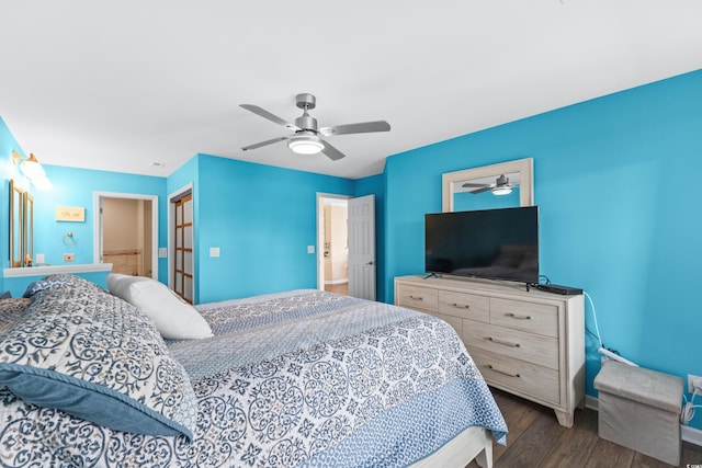 bedroom with hardwood / wood-style flooring and ceiling fan