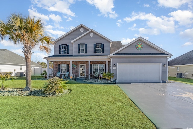 view of front facade with a garage, central AC, a front lawn, and covered porch