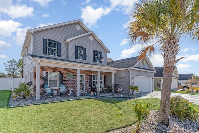 view of front of house featuring a garage, covered porch, and a front lawn