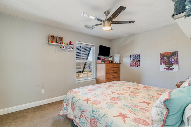 bedroom with carpet flooring, a textured ceiling, and ceiling fan