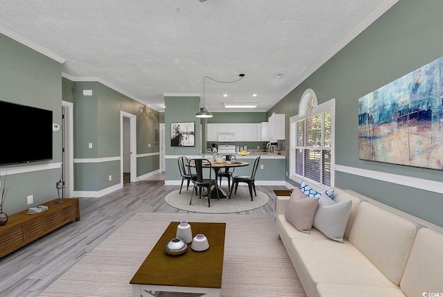 living room with ornamental molding, a textured ceiling, and light hardwood / wood-style flooring