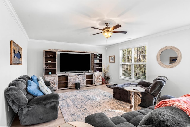 living room featuring crown molding, ceiling fan, and light wood-type flooring