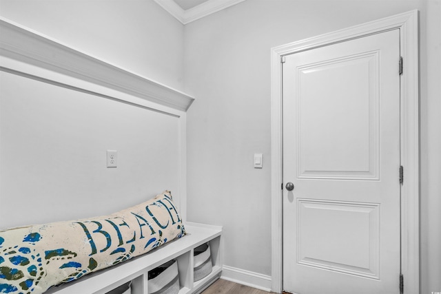 mudroom with hardwood / wood-style floors and ornamental molding