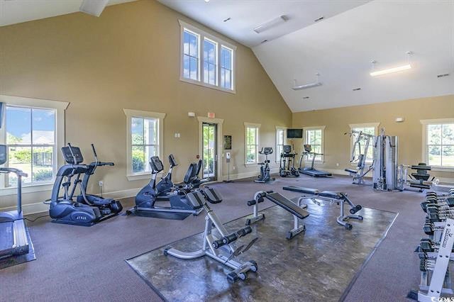 gym with lofted ceiling and a healthy amount of sunlight