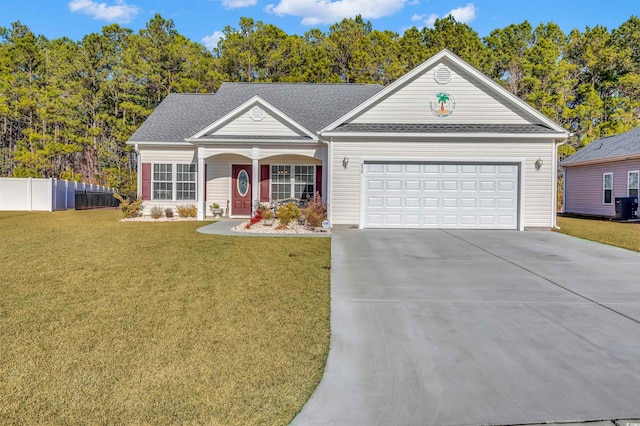 ranch-style house featuring a garage, a front lawn, and central air condition unit