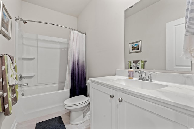 full bathroom with shower / bathtub combination with curtain, vanity, tile patterned floors, and toilet