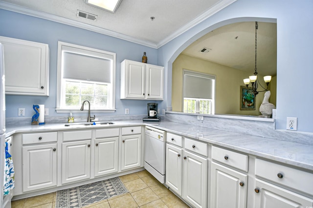 6015 Catalina Dr Unit 431, North Myrtle Beach, SC 29582 - kitchen featuring light tile patterned floors, a sink, white cabinetry, visible vents, and white dishwasher
