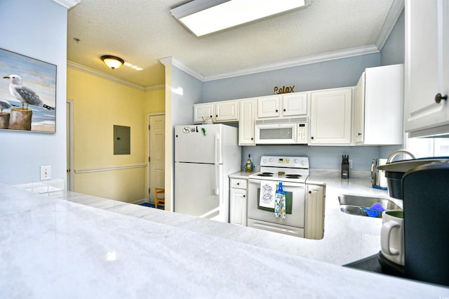 6015 Catalina Dr Unit 431, North Myrtle Beach, SC 29582 - kitchen with electric panel, light countertops, crown molding, and white appliances