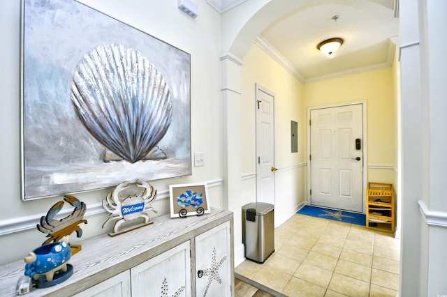 6015 Catalina Dr Unit 431, North Myrtle Beach, SC 29582 - entryway with electric panel, ornamental molding, and arched walkways