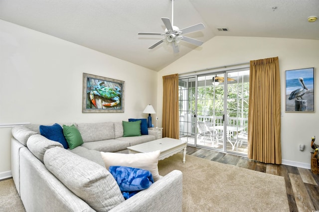 6015 Catalina Dr Unit 431, North Myrtle Beach, SC 29582 - living room featuring lofted ceiling, wood finished floors, visible vents, ceiling fan, and baseboards