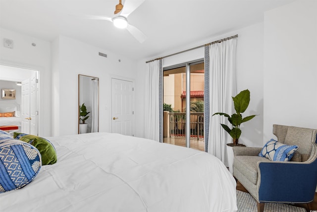 bedroom featuring access to exterior, visible vents, and ceiling fan