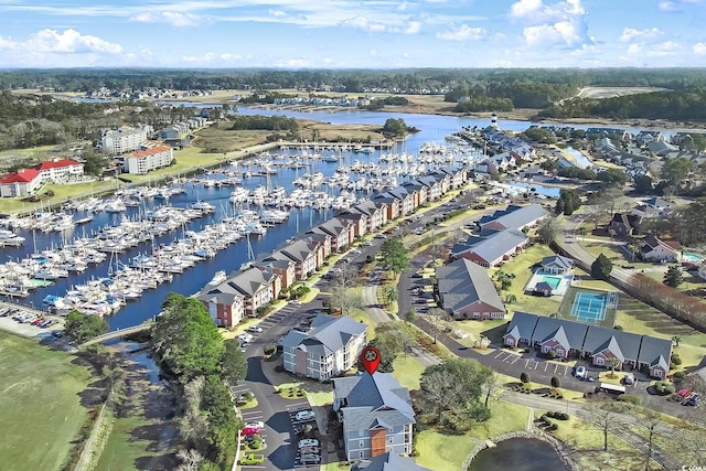 aerial view featuring a water view