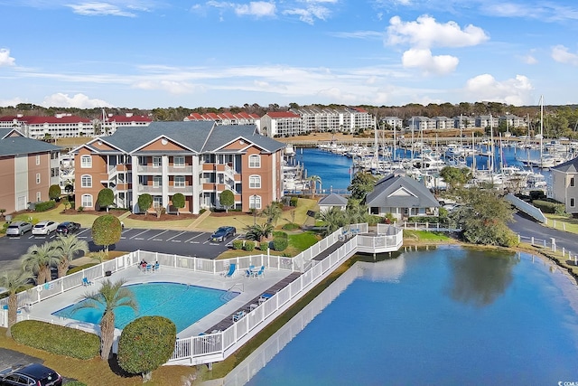 drone / aerial view with a water view