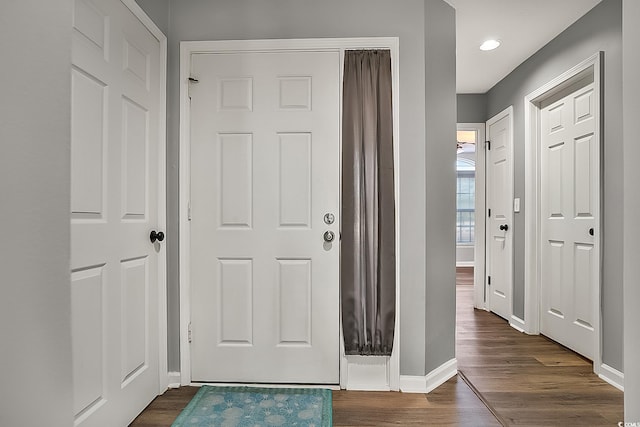 foyer with dark hardwood / wood-style floors