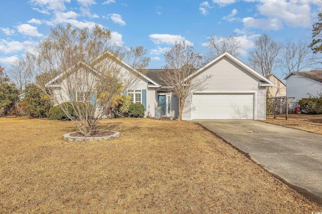 ranch-style home featuring a garage and a front lawn