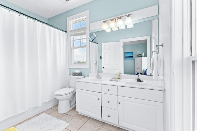 full bath featuring tile patterned flooring, a sink, toilet, and double vanity