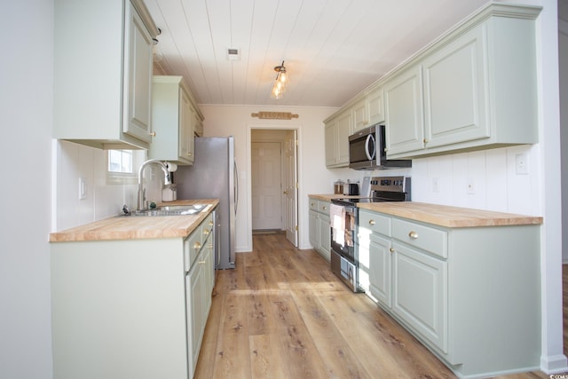 kitchen with butcher block counters, sink, wood ceiling, light hardwood / wood-style flooring, and appliances with stainless steel finishes