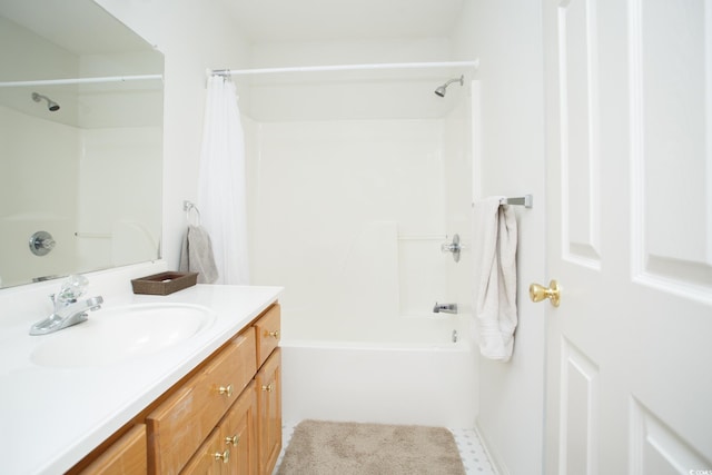 bathroom featuring vanity and shower / tub combo with curtain