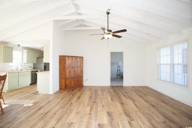 unfurnished living room featuring wood ceiling, sink, lofted ceiling with beams, and light hardwood / wood-style flooring