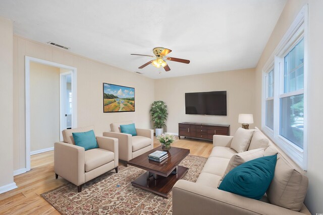 7602 Porcher Dr Unit C, Myrtle Beach, SC 29572 - living room with baseboards, visible vents, light wood-style floors, and a ceiling fan