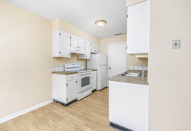 7602 Porcher Dr Unit C, Myrtle Beach, SC 29572 - kitchen featuring a sink, light wood-type flooring, under cabinet range hood, white appliances, and white cabinets